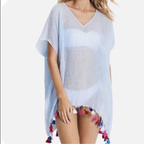 Seafolly 100% Linen Swim Coverup Ocean Rose Fine Stripe Kaftan Sheer Blue Tassel - Picture 1 of 7